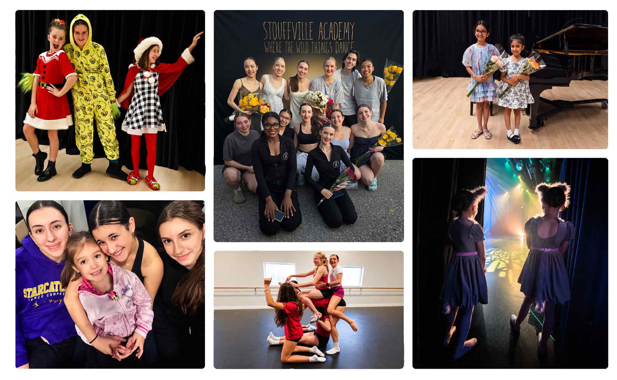 A collage of Stouffville Academy students at classes, recitals and performances